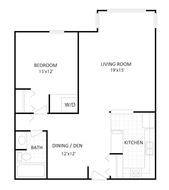 Floor Plan  A floor plan of a small apartment with a bedroom, living room, kitchen, dining area and bathroom.