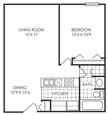 floor plan photo of the oakwood one bedroom at audenn apartments in bloomington, mn