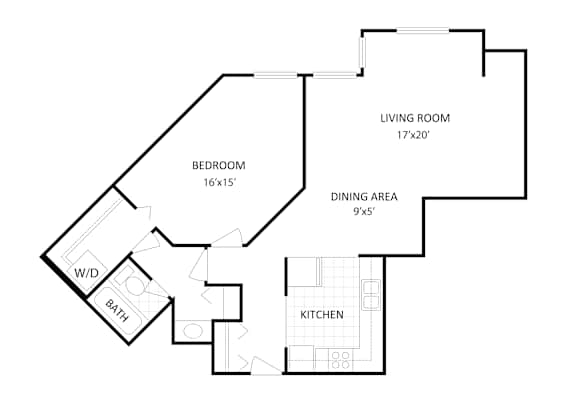 A floor plan of a home with a living room, dining area, kitchen, bedroom and bathroom.