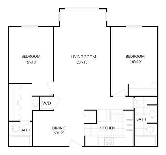 A black and white image of a floor plan for a house with three bedrooms, a living room, a dining room, a kitchen, and two bathrooms.
