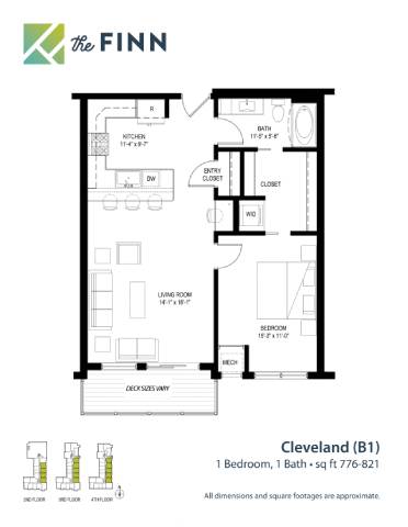 A floor plan for a property at The Finn shows a bedroom, bathroom, living room, and kitchen.