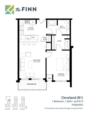 A floor plan for a one bedroom apartment at The Finn.