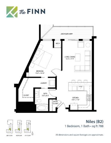 A floor plan for a one bedroom apartment at The Finn, showing the layout of the bedroom, bathroom, kitchen, and living room.