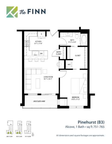 A floor plan for a property named Pinehurst (B3) with an alcove bathroom and dimensions of 751-765.