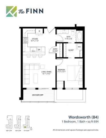 A floor plan for a 1 Bedroom, 1 Bath property by The Finn.