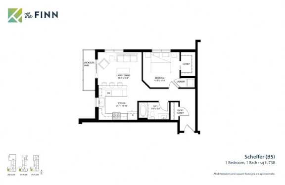 A floor plan for a Scheffer (B5) apartment with a kitchen, living room, and bathroom.