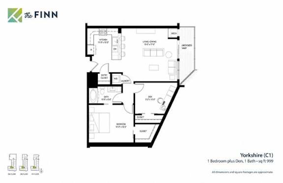 A floor plan for a property in Yorkshire (C1) with one bedroom and a den is shown.
