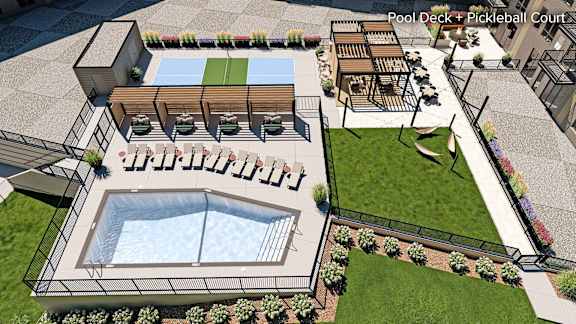 A pool deck with a pickleball court is shown in the image.