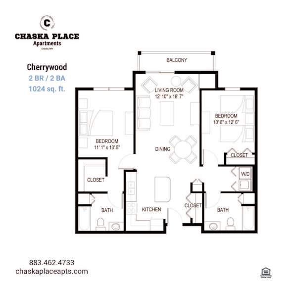 A floor plan for a 2 bedroom, 2 bathroom apartment at Chaska Place Apartments.