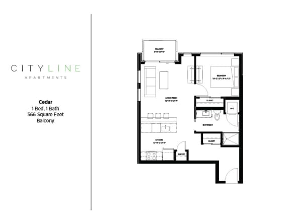 1 bedroom 1 bathroom Cedar Floor Plan at CityLine Apartments, Minnesota