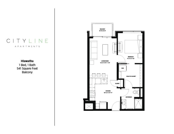 1 bedroom 1 bathroom Hiawatha Floor Plan at CityLine Apartments, Minneapolis, MN, 55406