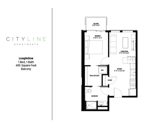 Floor Plan  1 bedroom 1 bathroom Longfellow Floor Plan at CityLine Apartments, Minneapolis, 55406