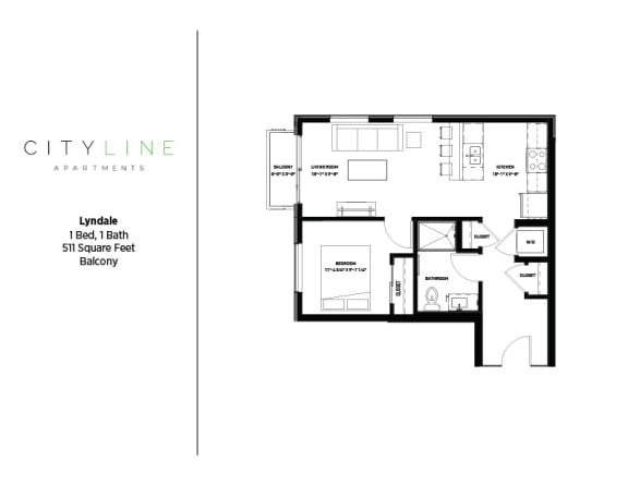 1 bedroom 1 bathroom Lyndale Floor Plan at CityLine Apartments, Minneapolis, MN