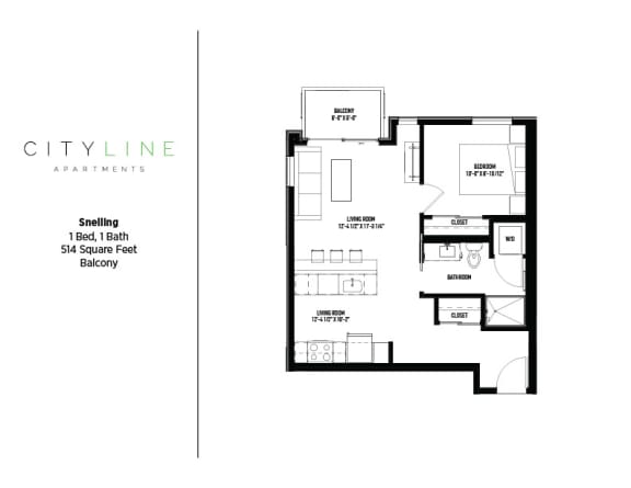 1 bedroom 1 bathroom Snelling Floor Plan at CityLine Apartments, Minneapolis, 55406