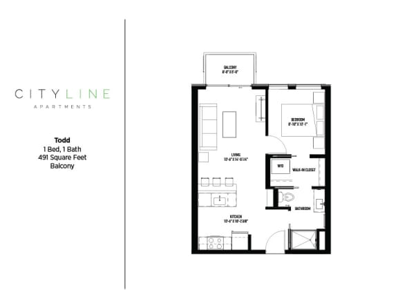 1 bedroom 1 bathroom Todd Floor Plan at CityLine Apartments, Minnesota, 55406