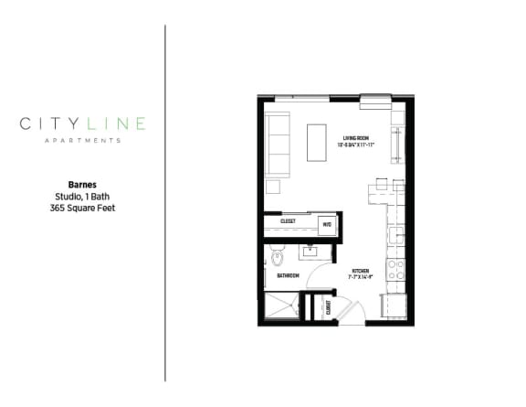 Studio 1 bathroom floor plan I at CityLine Apartments, Minneapolis, Minnesota
