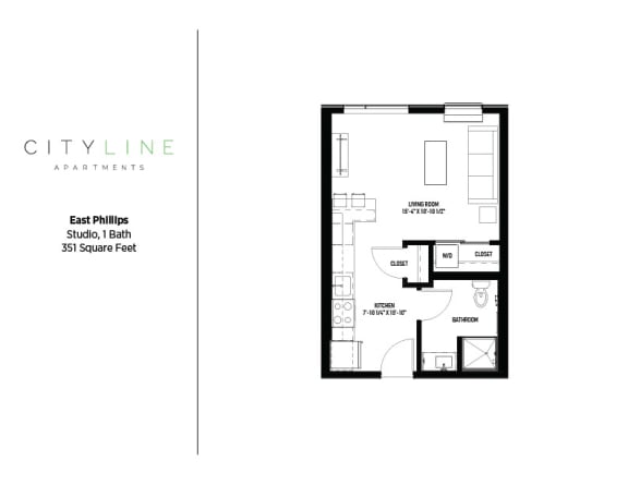 Studio 1 bathroom floor plan H at CityLine Apartments, Minneapolis, 55406