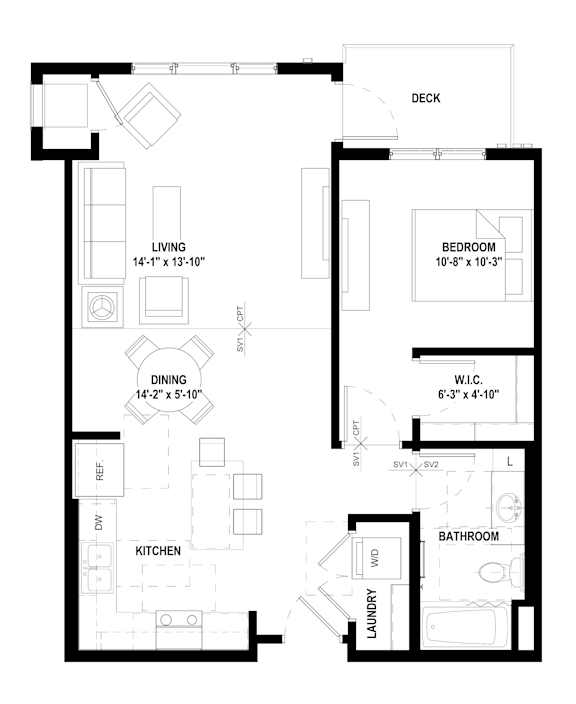Unit A3, 797 square foot one bedroom floorplan at Compass Pointe Apartments in New Hope, MN.