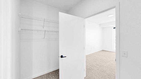 A white door is open to a hallway.
