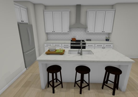 a kitchen with a sink and three stools