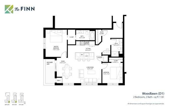 A floor plan for a property named Woodlawn (D1) with two bedrooms and two bathrooms.