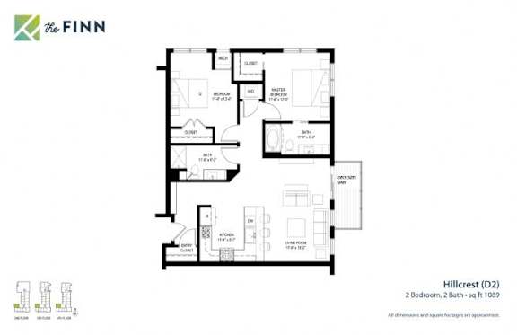 A black and white image of a floor plan for a property by The Finn.