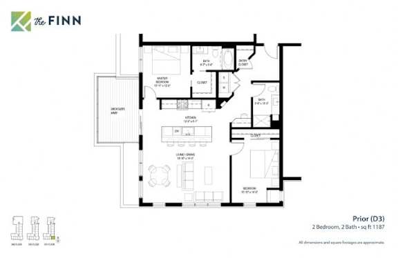 A floor plan for a home with two bedrooms and two bathrooms is shown.
