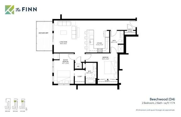A floor plan for a property by The Finn shows a Beechwood (D4) layout with two bedrooms and two bathrooms.