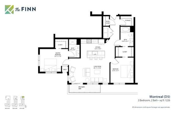 A floor plan for a D5 apartment in Montreal shows two bedrooms, two bathrooms, and a living area.