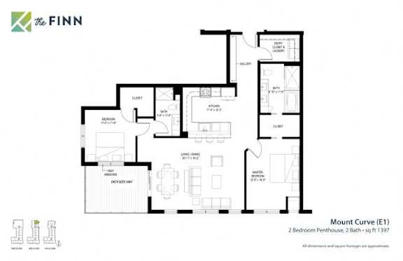 A floor plan for a property by The Finn shows a 2 bedroom penthouse with a bathroom and a living room.