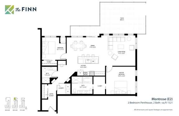 A floor plan for a property by The Finn shows a 2 bedroom penthouse with a bath and a kitchen.