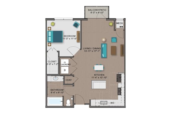 A floor plan of a house with a balcony, a bedroom, a bathroom, a kitchen, a living room, a dining room, and a closet.