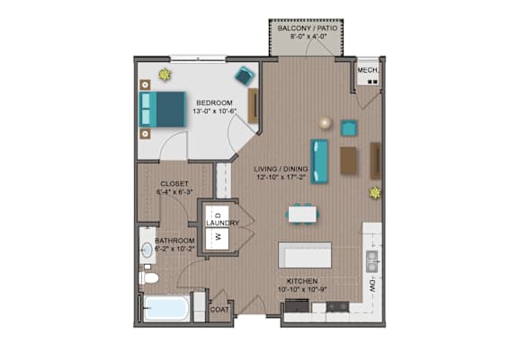 A floor plan of a house with a balcony, a bedroom, a living area, a kitchen, a bathroom, and a laundry room.