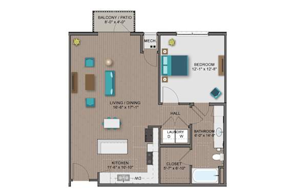 A floor plan of a house with a living room, dining room, kitchen, bedroom, bathroom, and hall.