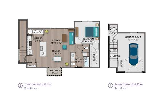 A diagram of a two-story townhouse with labeled rooms and dimensions.