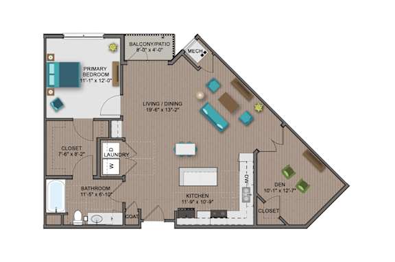 A floor plan of a house with a primary bedroom, living/dining area, kitchen, bathroom, and closet.