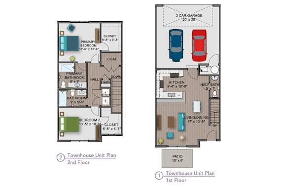 A diagram of a two-story townhouse unit plan with labeled rooms and dimensions.