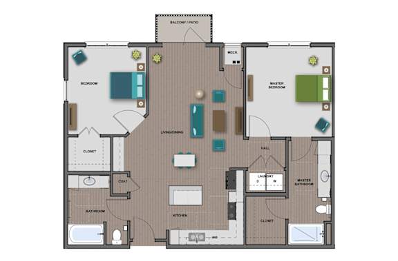 A floor plan of a house with a living room, kitchen, and bathrooms.