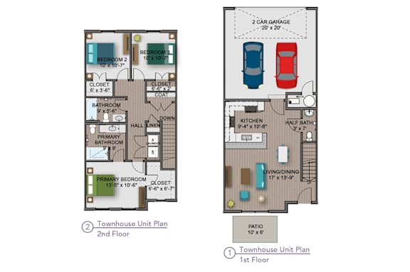 A diagram of a two-story townhouse with labeled rooms and dimensions.