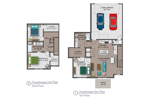 A diagram of a two-story townhouse with labeled rooms and dimensions.