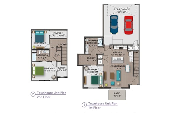 A diagram of a two-story townhouse with detailed floor plans.