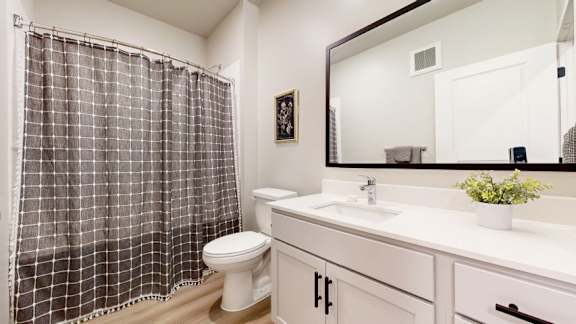 A bathroom with a checkered shower curtain and a white toilet.