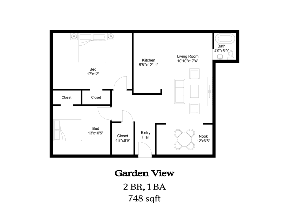 a floor plan of a 1 bedroom gardener view