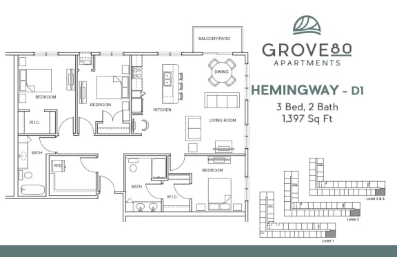 3 Bed 2 Bath Floor Plan at Grove80 Apartments, Cottage Grove, MN