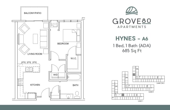1 Bedroom 1 Bath Floor Plan at Grove80 Apartments, Minnesota, 55016