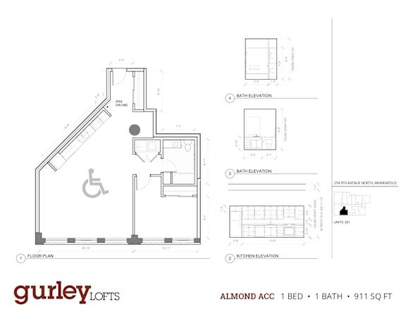 Accessible One bedroom floor plan named Almond at Gurley Lofts in Minneapolis, MN