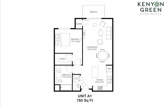 A floor plan for a 760 square foot unit at Kenyan Green Apartments.