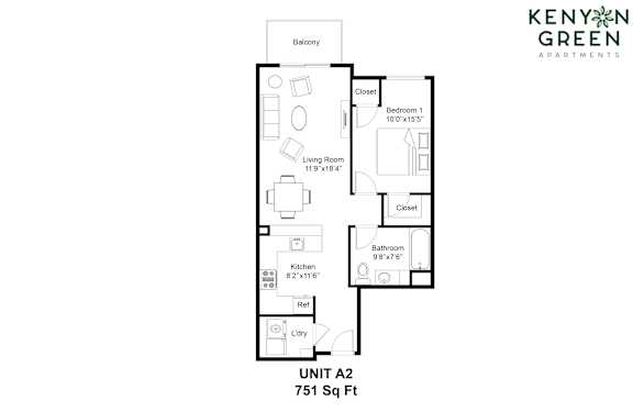 A floor plan for a 751 square foot apartment with a living room, bedroom, bathroom, kitchen, and laundry room.