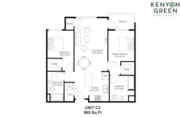 A floor plan for a 965 square foot unit C2 by Kenyan Green Apartments.