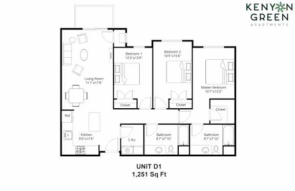 A floor plan for a 1,251 square foot unit from Kenyan Green Apartments.